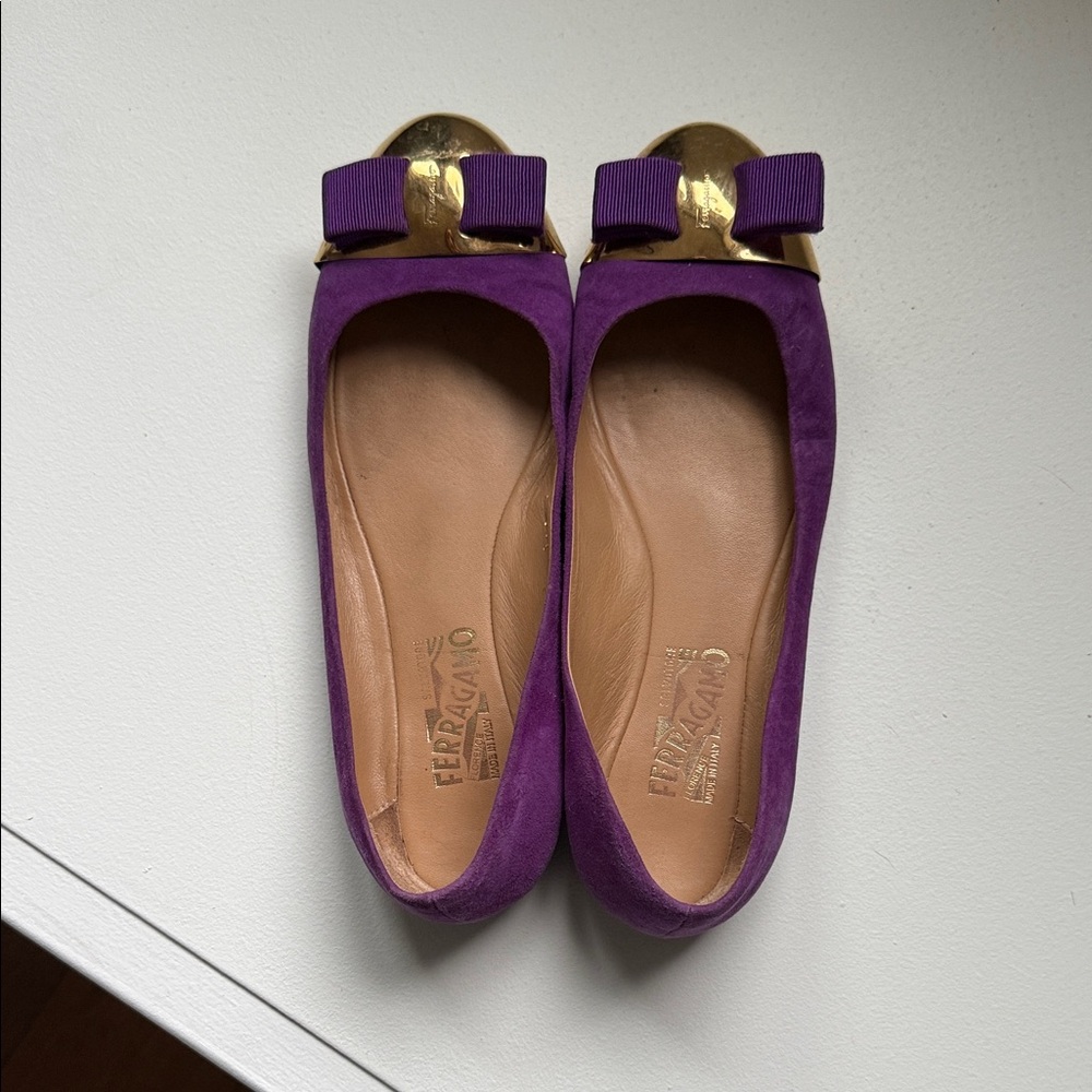 Salvatore Ferragamo Violet Flats with Gold Bow